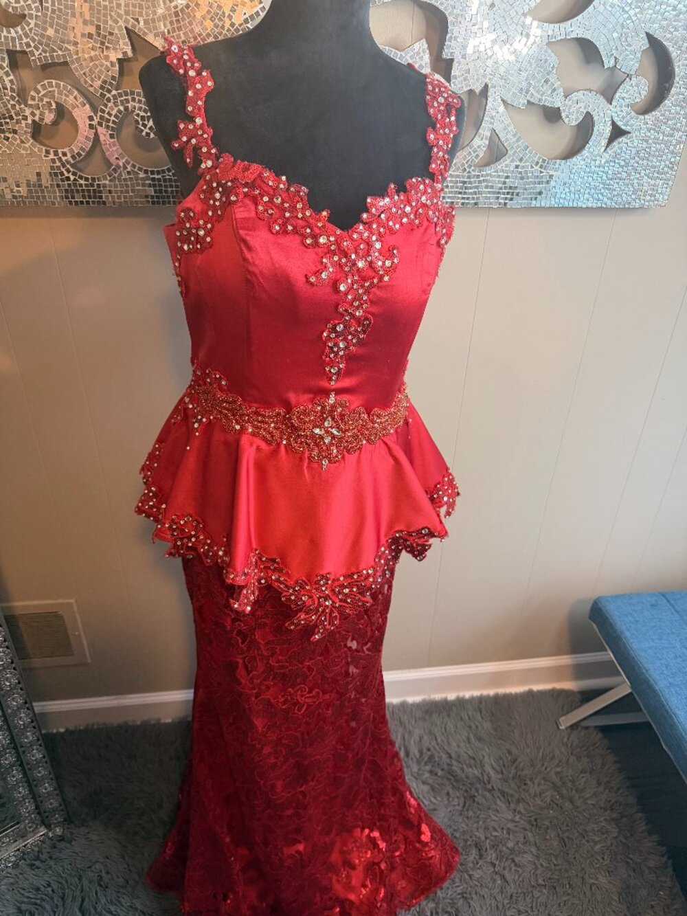 ❤️🔥 Red Sequin Mermaid Gown ✨ Beaded Peplum Formal Dress 💃 Size‎ 12 (36B Bra)